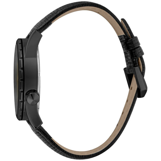 A black leather watch with a brown strap
