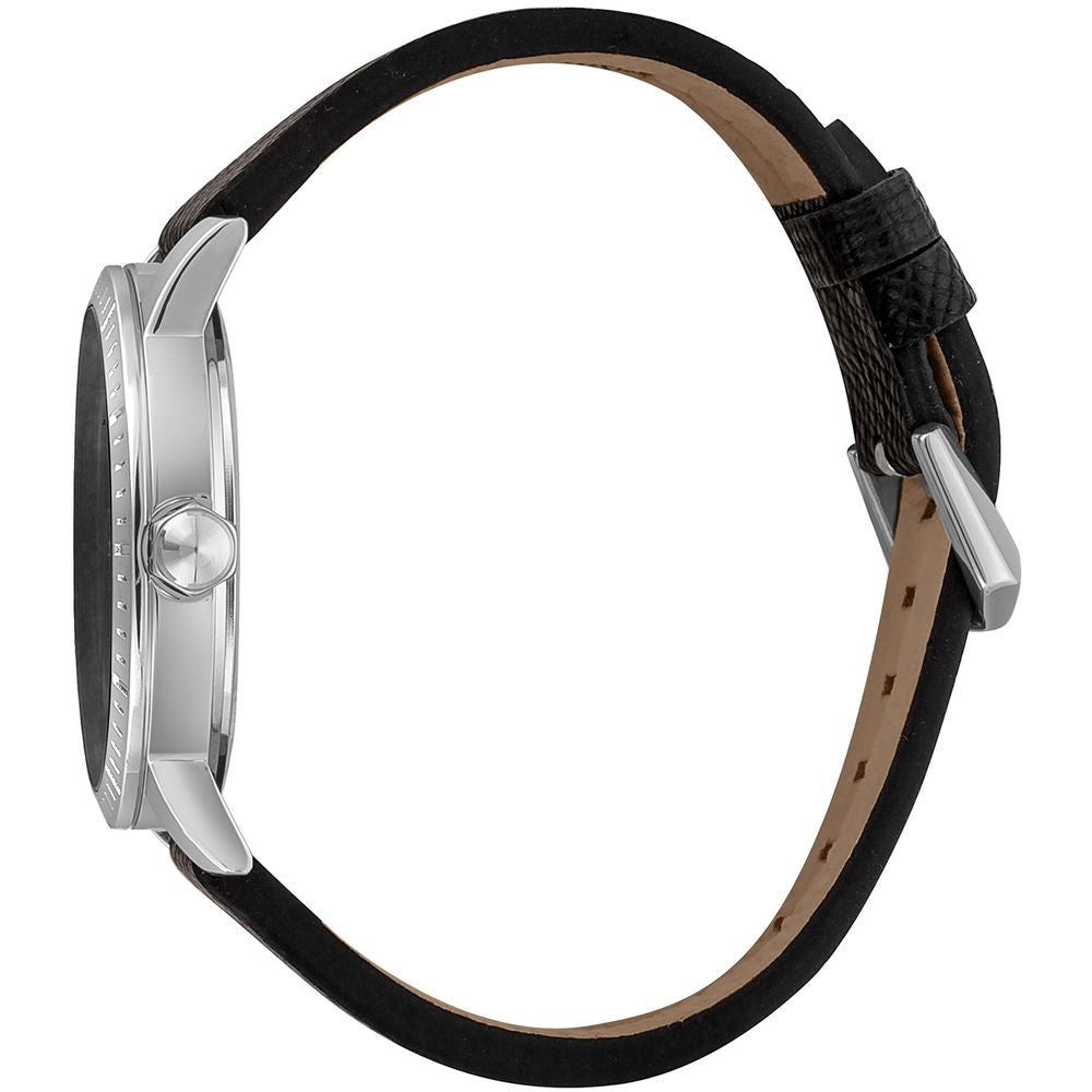 A black leather watch with a silver buckle and face, featuring a round design and a strap that can be worn on the wrist