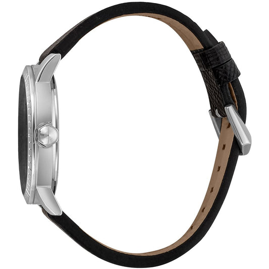 A black leather watch with a silver buckle and face, featuring a round design and a strap that can be worn on the wrist