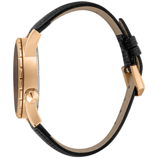 A black leather watch with a gold buckle and face, featuring a brown strap