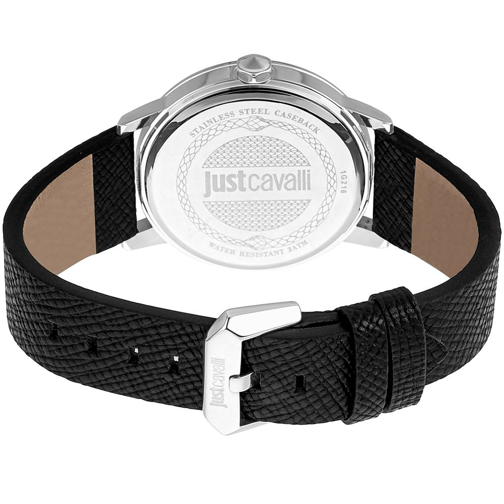 A black leather watch with a silver buckle from the brand Just Cavalli