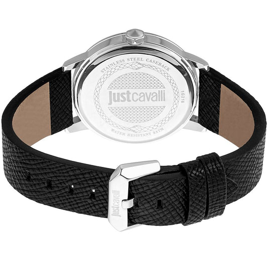 A black leather watch with a silver buckle from the brand Just Cavalli