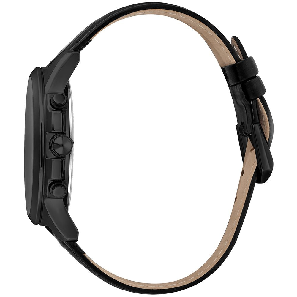 A black leather watch with a brown strap