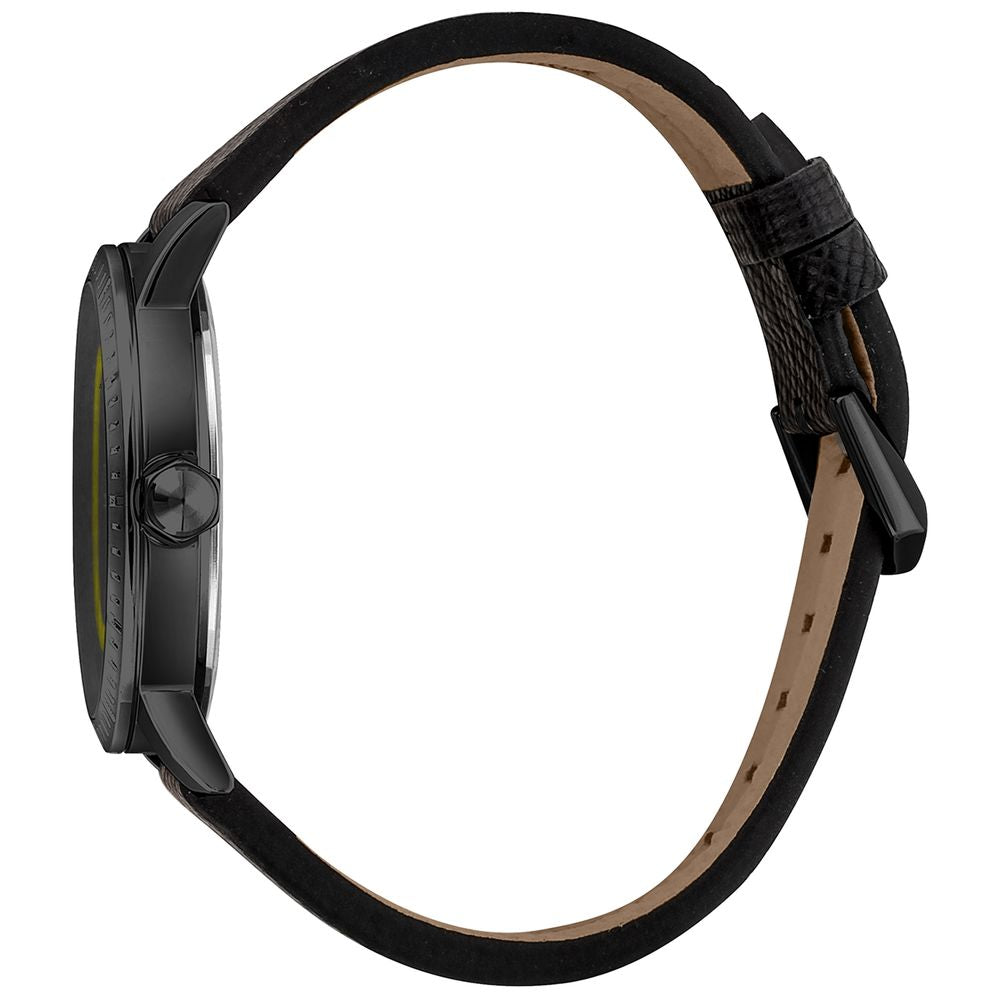 A black leather watch strap with a buckle closure
