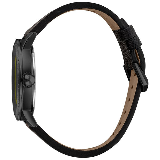 A black leather watch strap with a buckle closure
