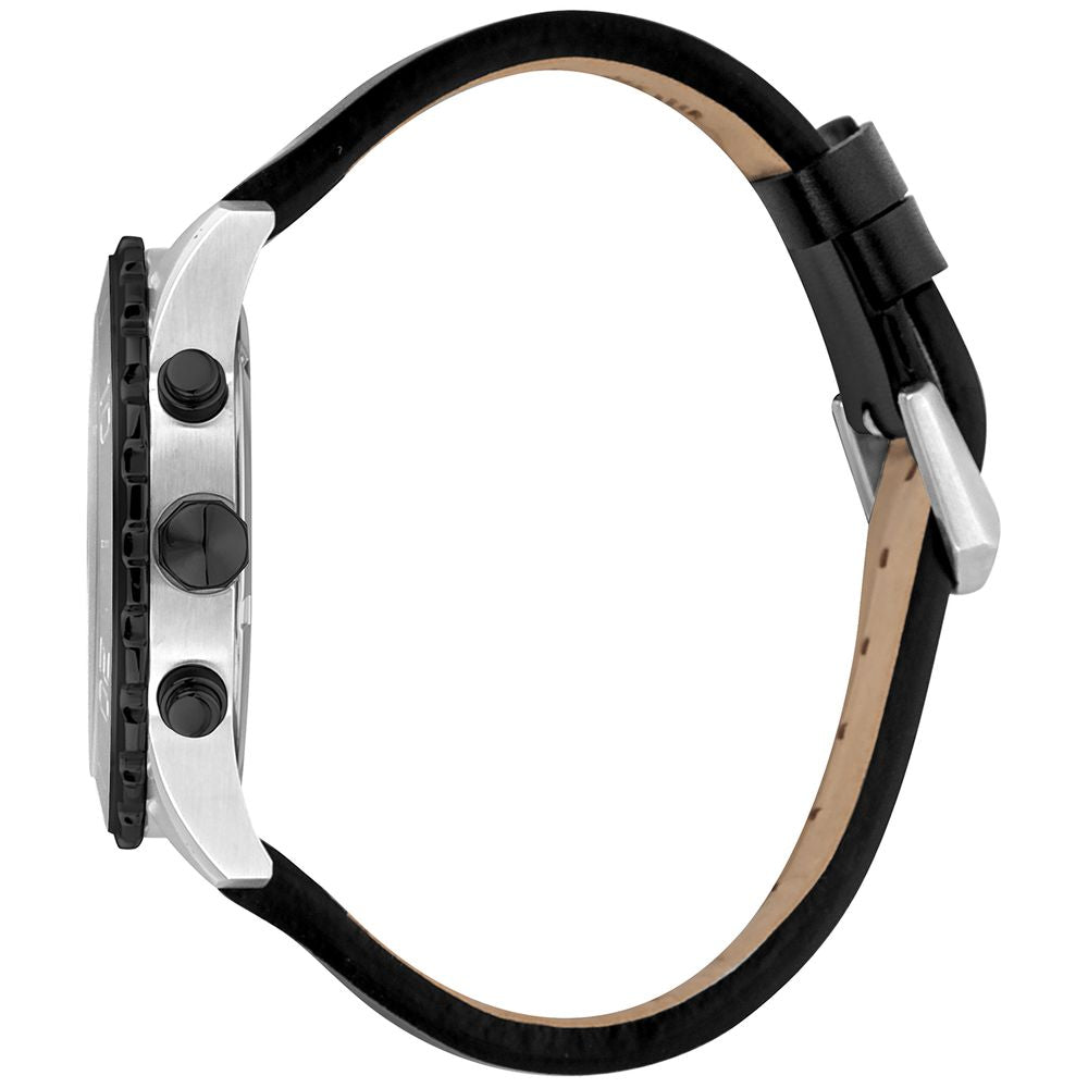 A black leather watch with silver accents and a brown strap