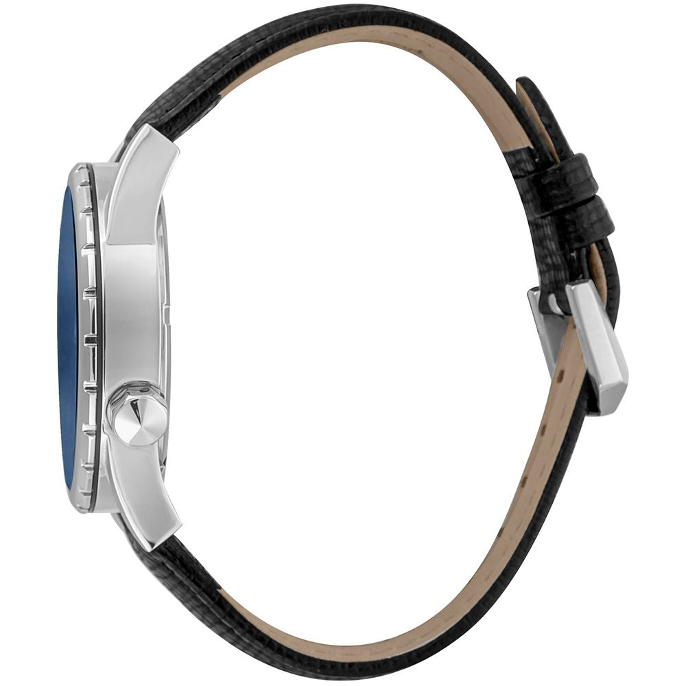 A black leather watch with a silver face and blue accents