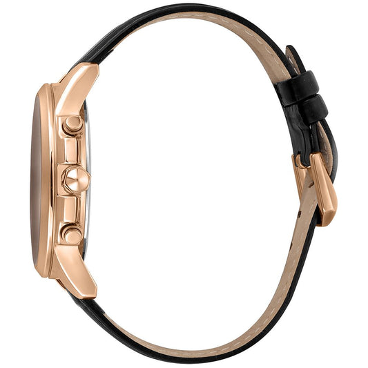 A black leather watch with a rose gold face and buckle, featuring a strap design that combines both materials