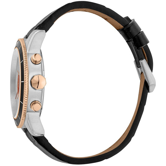 A black leather watch with a rose gold face and bezel, featuring a white dial with black hands and markers
