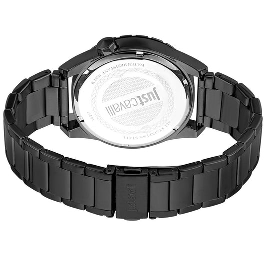 A black stainless steel watch with a white face, featuring the Just Cavalli logo and a black rubber band