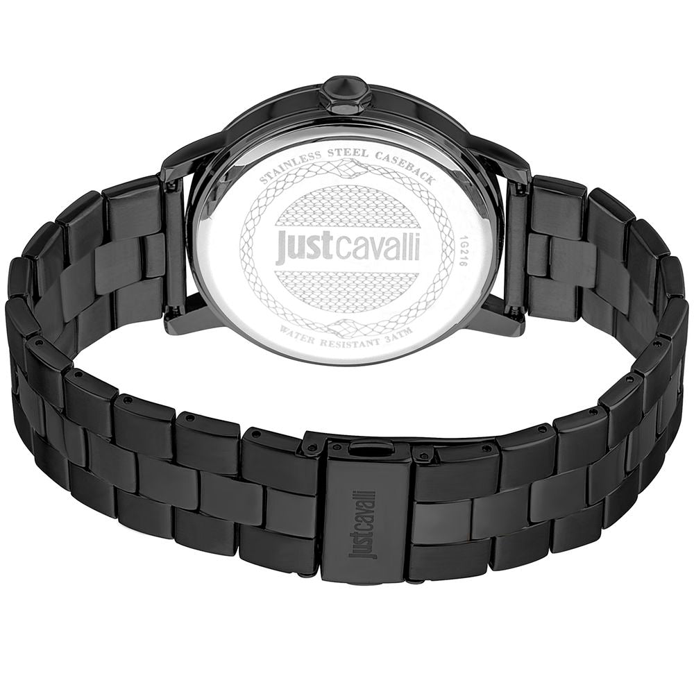A black stainless steel watch with a white face, featuring the Just Cavalli logo and a silver buckle