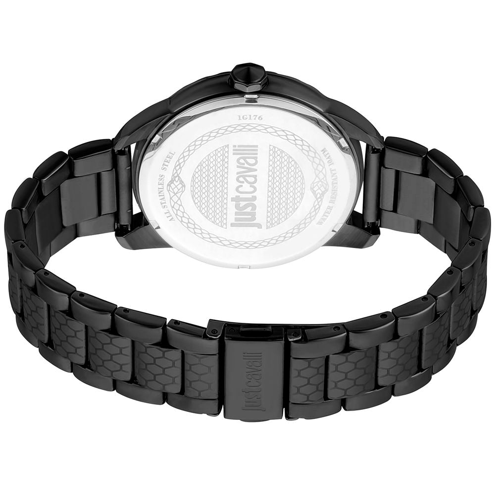 A black stainless steel watch with a white face, featuring a logo on the dial and a textured band