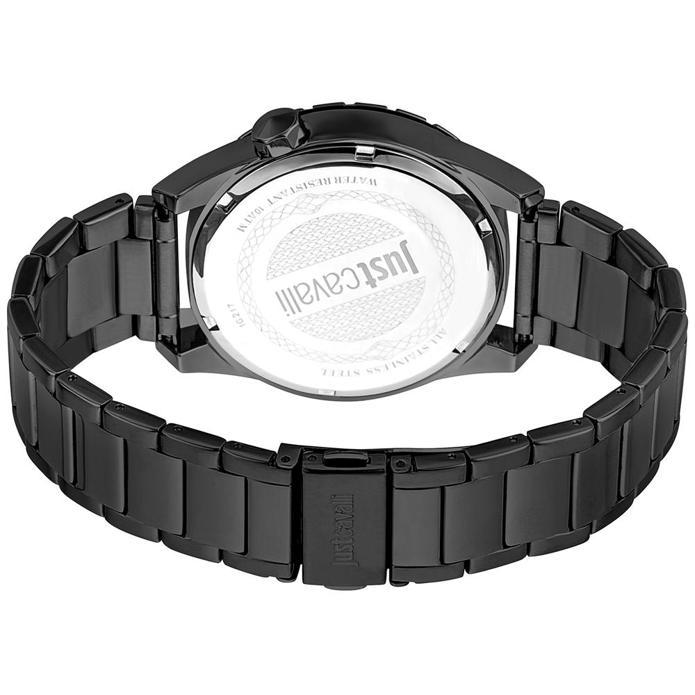 A black stainless steel watch with a white face, featuring the Just Cavalli logo and text