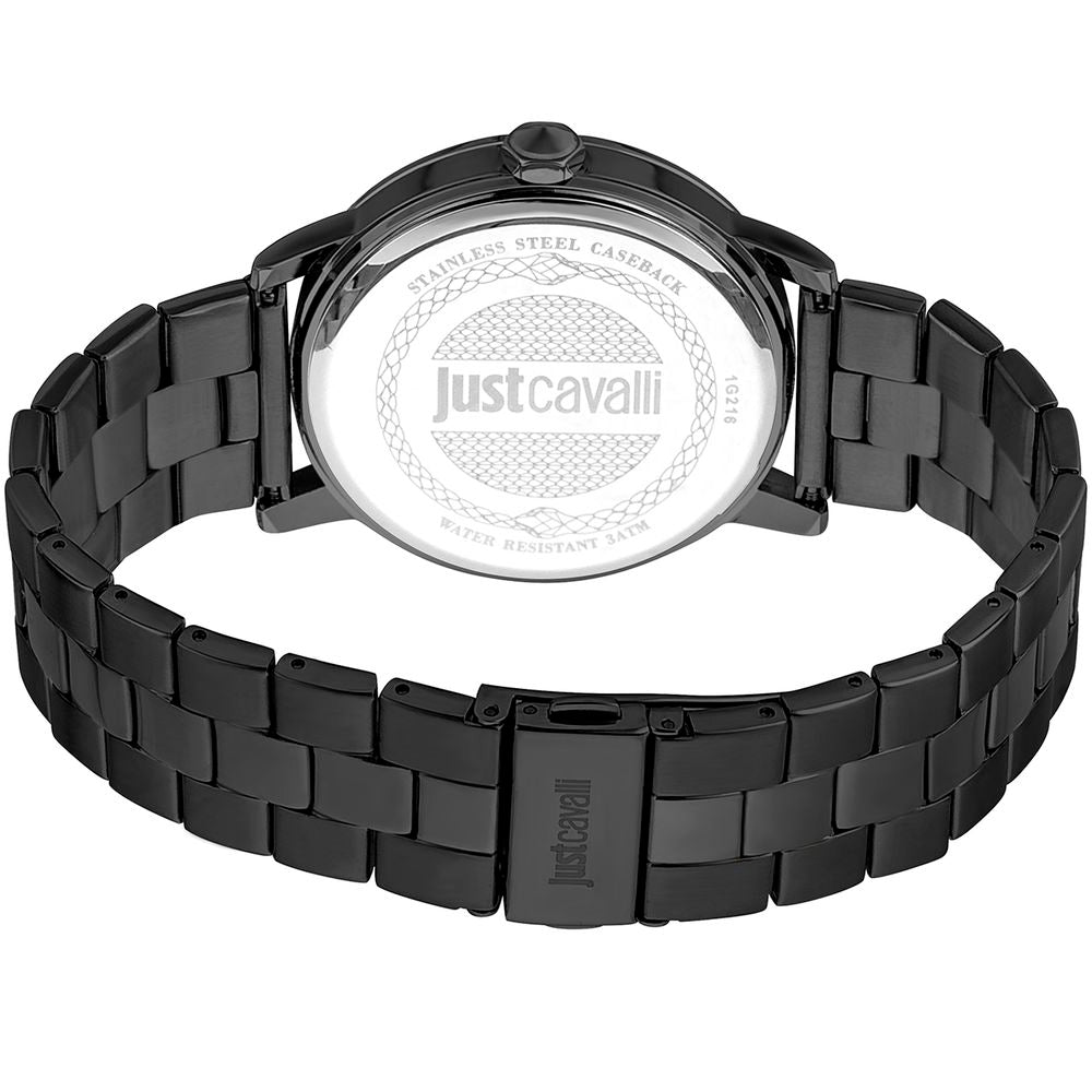 A black stainless steel watch with a white face, featuring the Just Cavalli logo and text