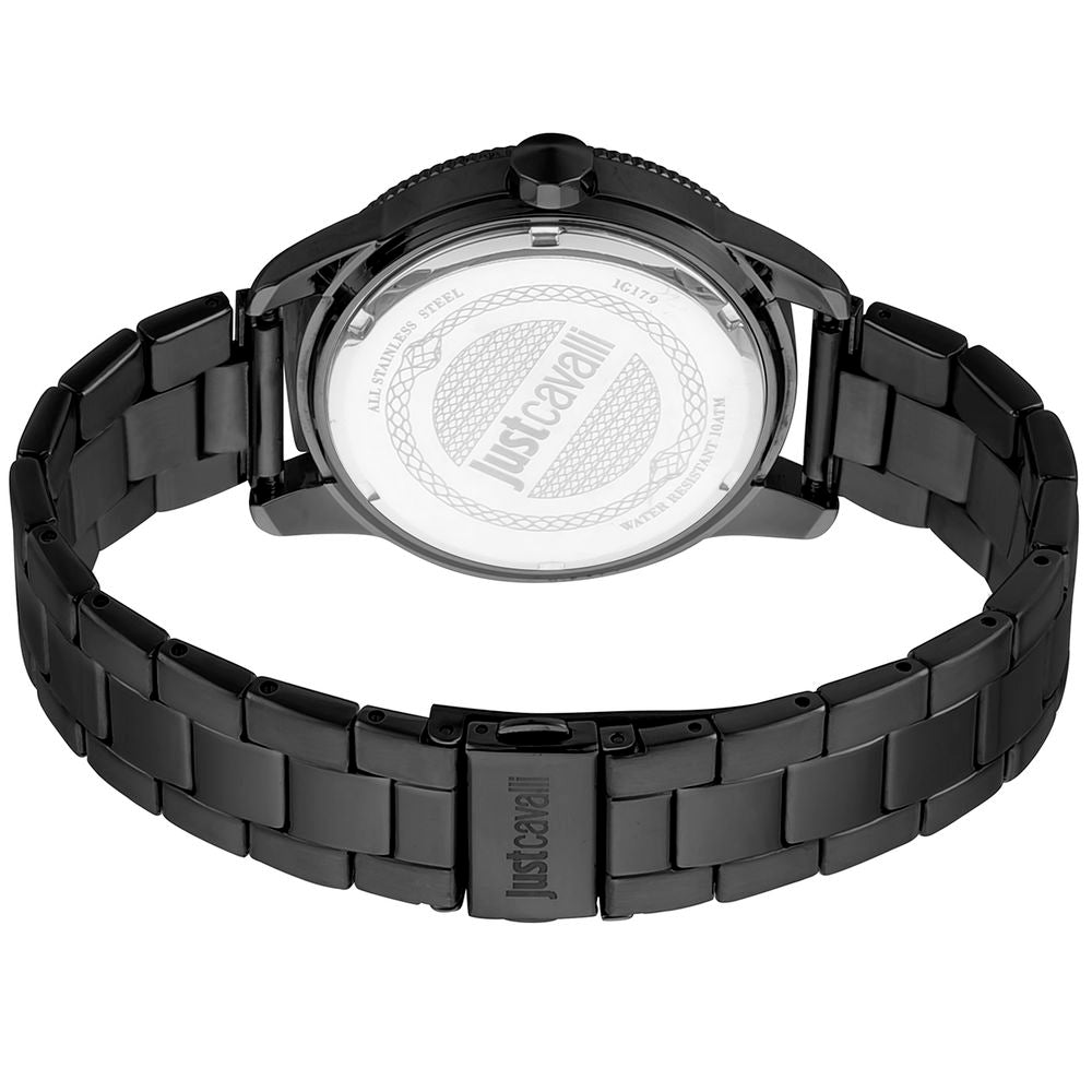A black stainless steel watch with a white face, featuring the Just Cavalli logo and a date window