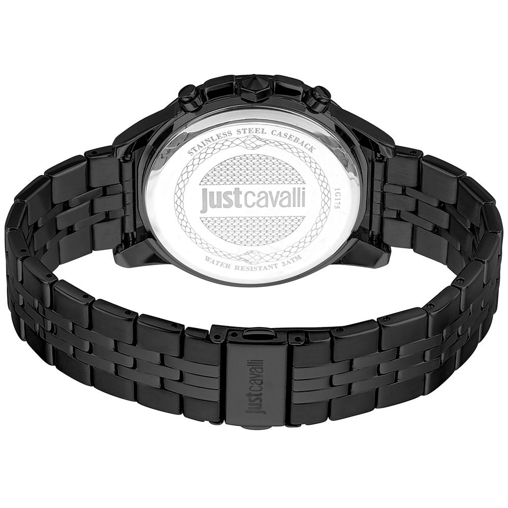 A black stainless steel watch with a white face, featuring the Just Cavalli logo and text