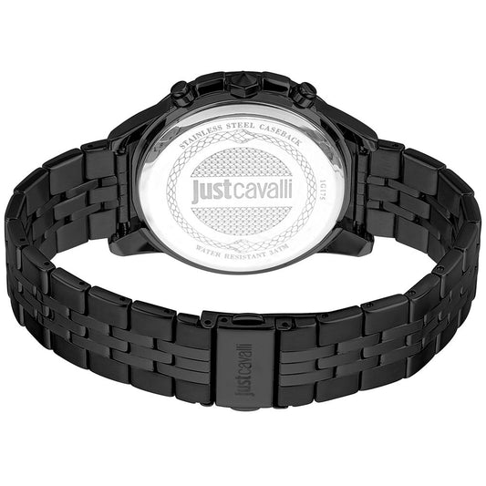 A black stainless steel watch with a white face, featuring the Just Cavalli logo and text