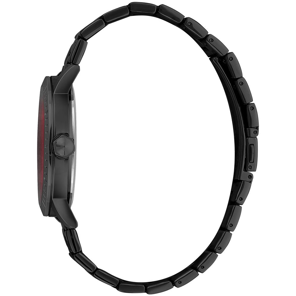 A black stainless steel watch with a red face