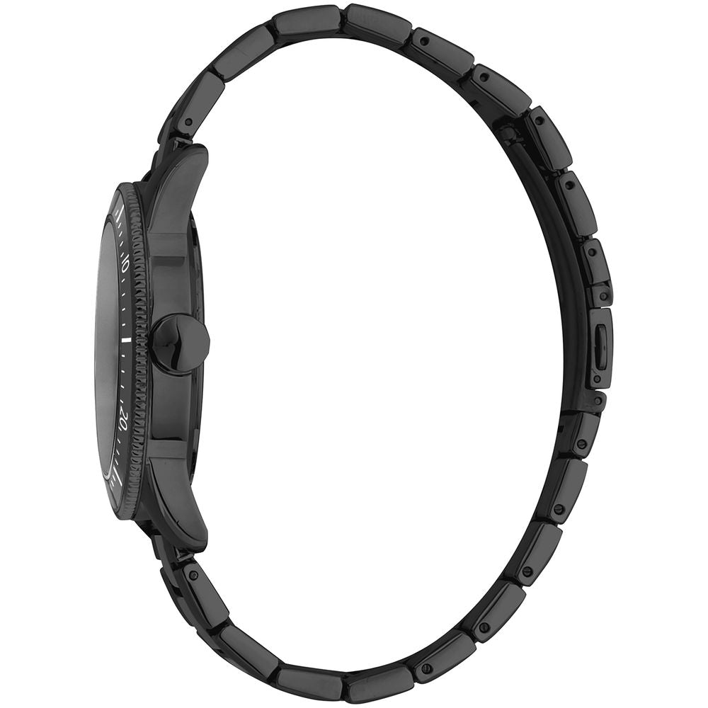 A black stainless steel watch with a black band
