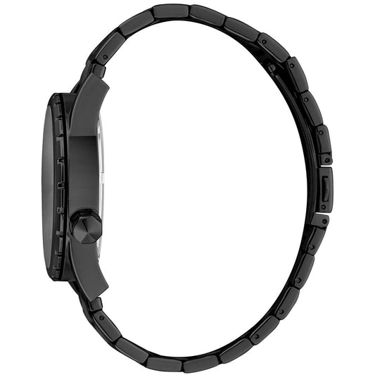 A black stainless steel watch with a black band