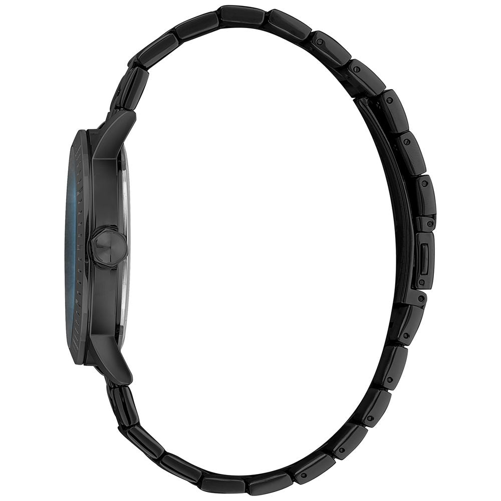 A black stainless steel watch with a digital display on its face