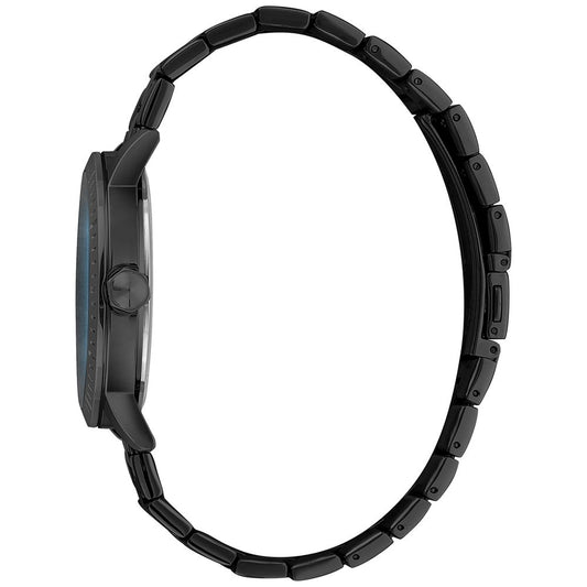 A black stainless steel watch with a digital display on its face