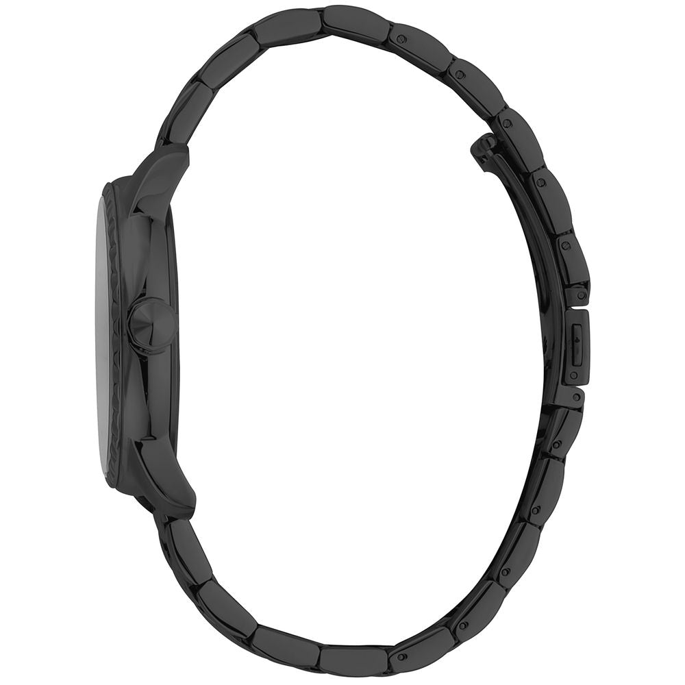 A black stainless steel watch with a buckle closure