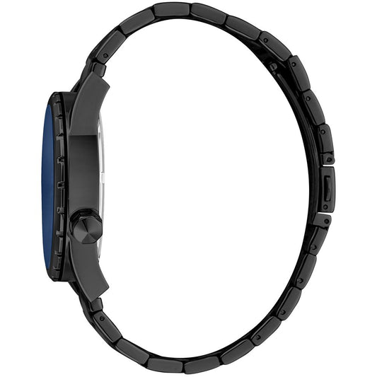 A black stainless steel watch with a blue face