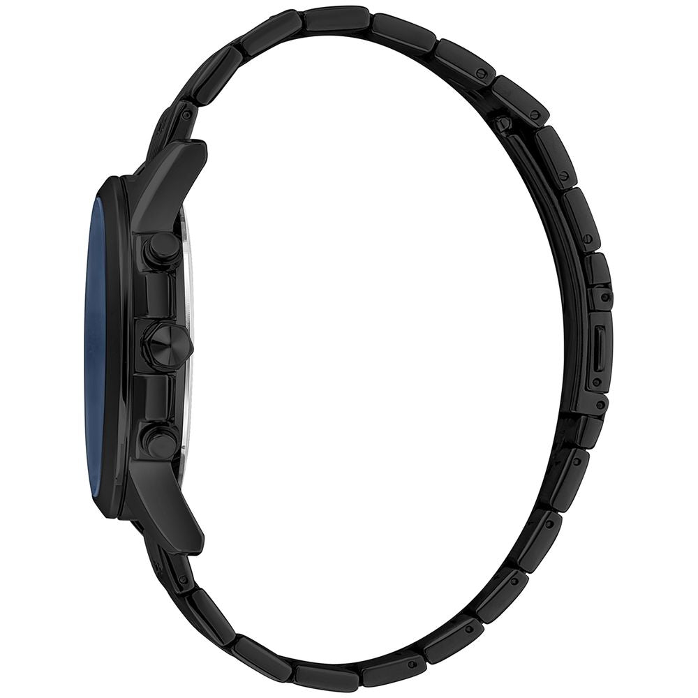 A black stainless steel watch with a blue face