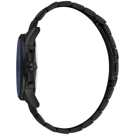 A black stainless steel watch with a blue face