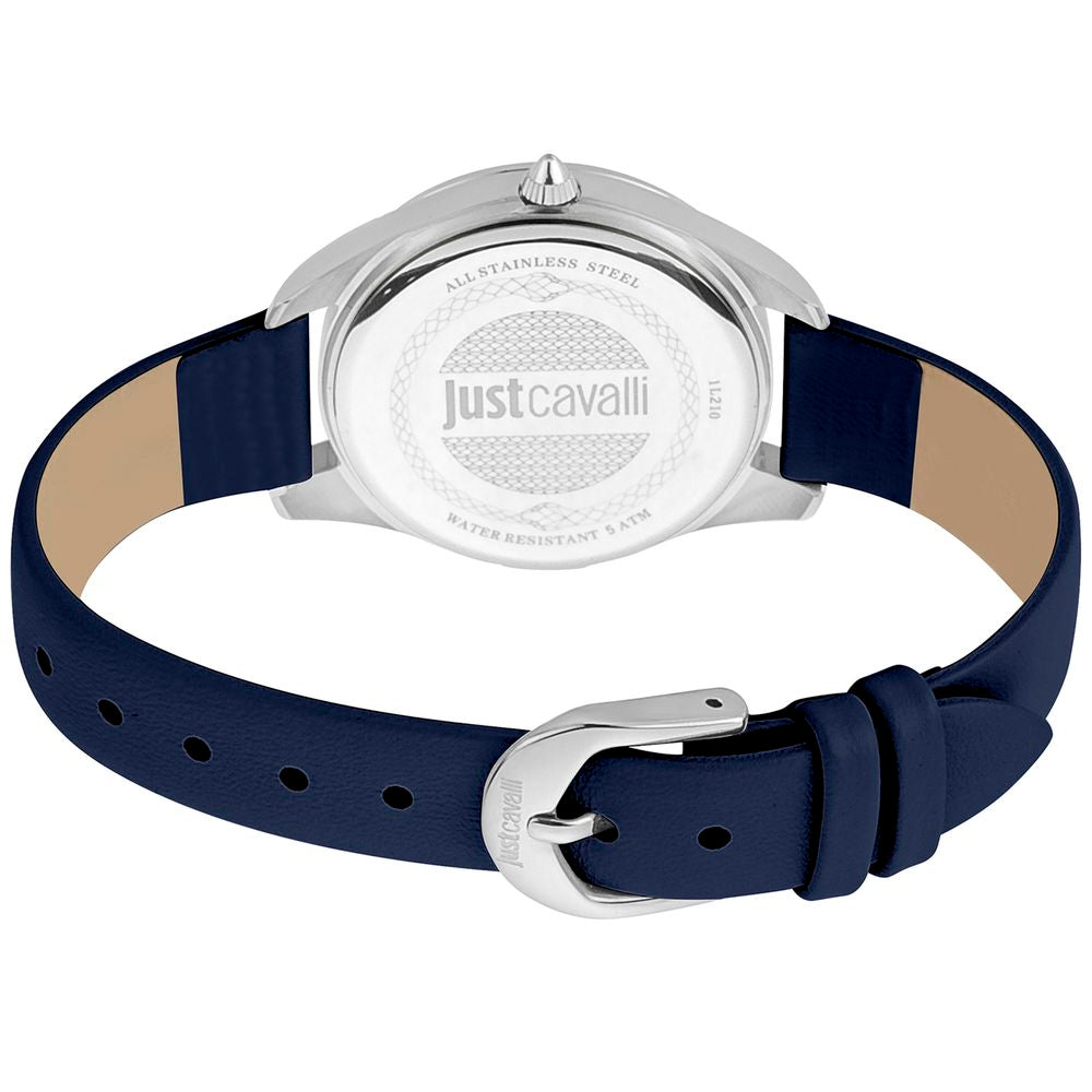 A blue leather watch with a silver buckle from the brand Just Cavalli