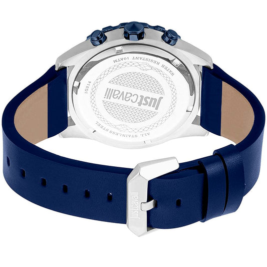 A blue leather watch with a silver face and white text on it