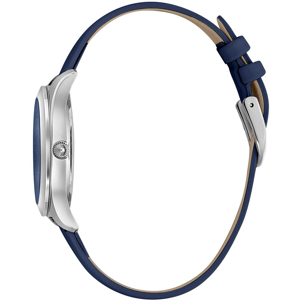 A blue leather watch with a silver buckle