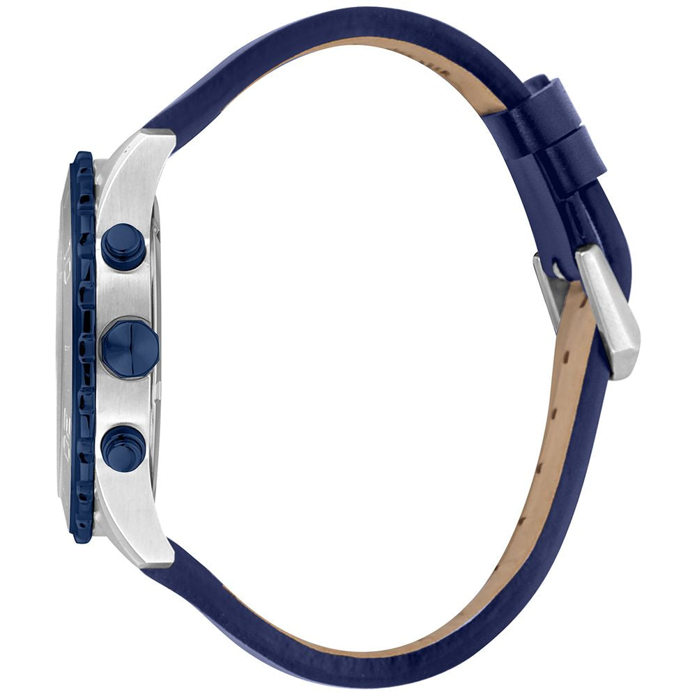 Blue leather watch with silver buckle and black dial
