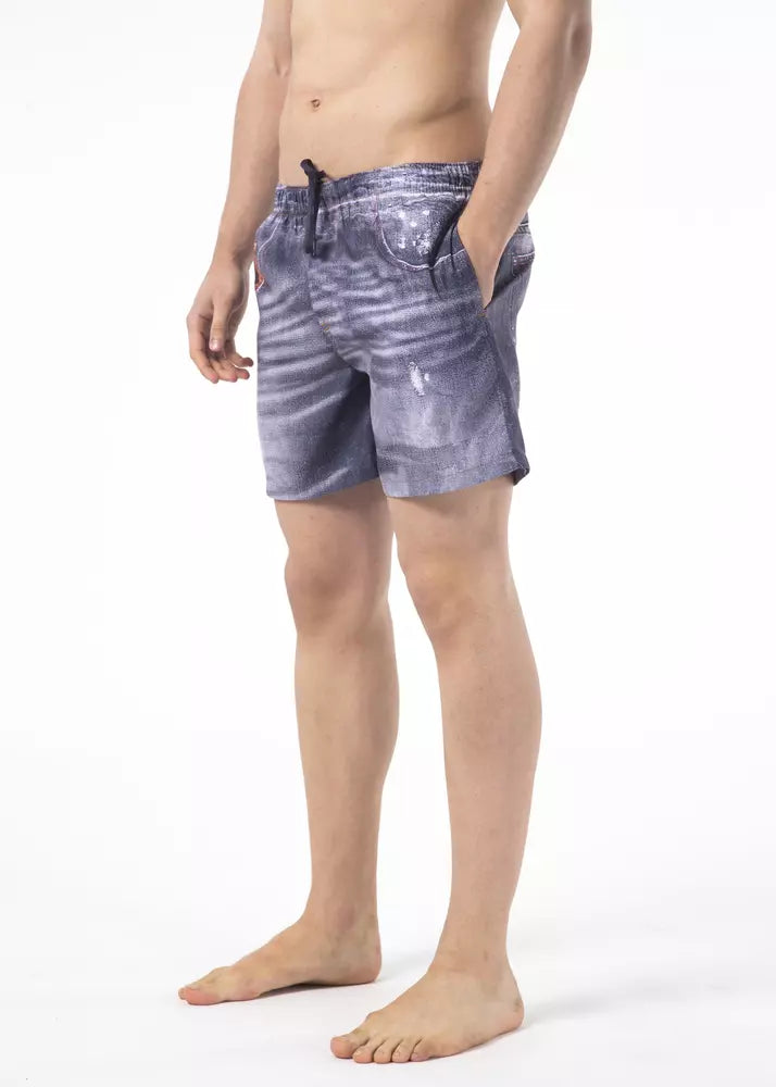 Man wearing blue shorts