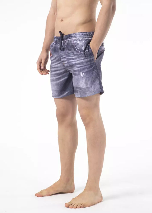 Man wearing blue shorts