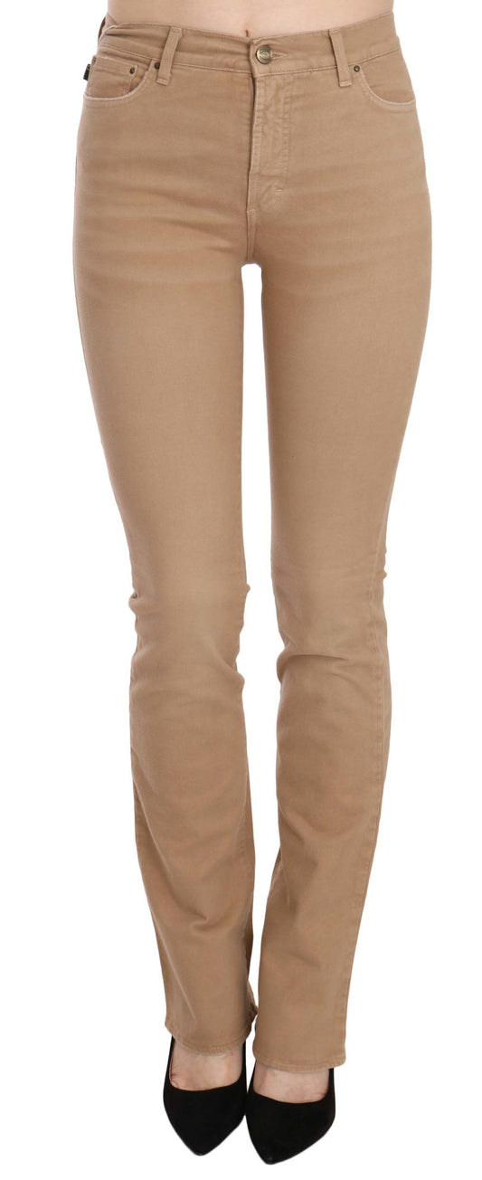 Pair of women's straight leg jeans in a light brown color