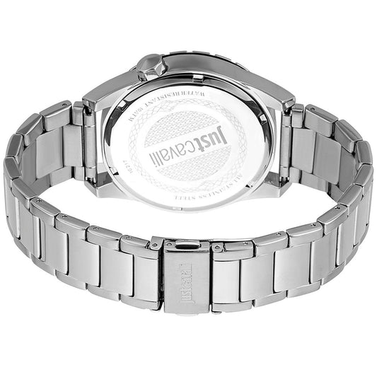 A gray stainless steel watch with a white face, featuring a logo on the dial and a matching bracelet