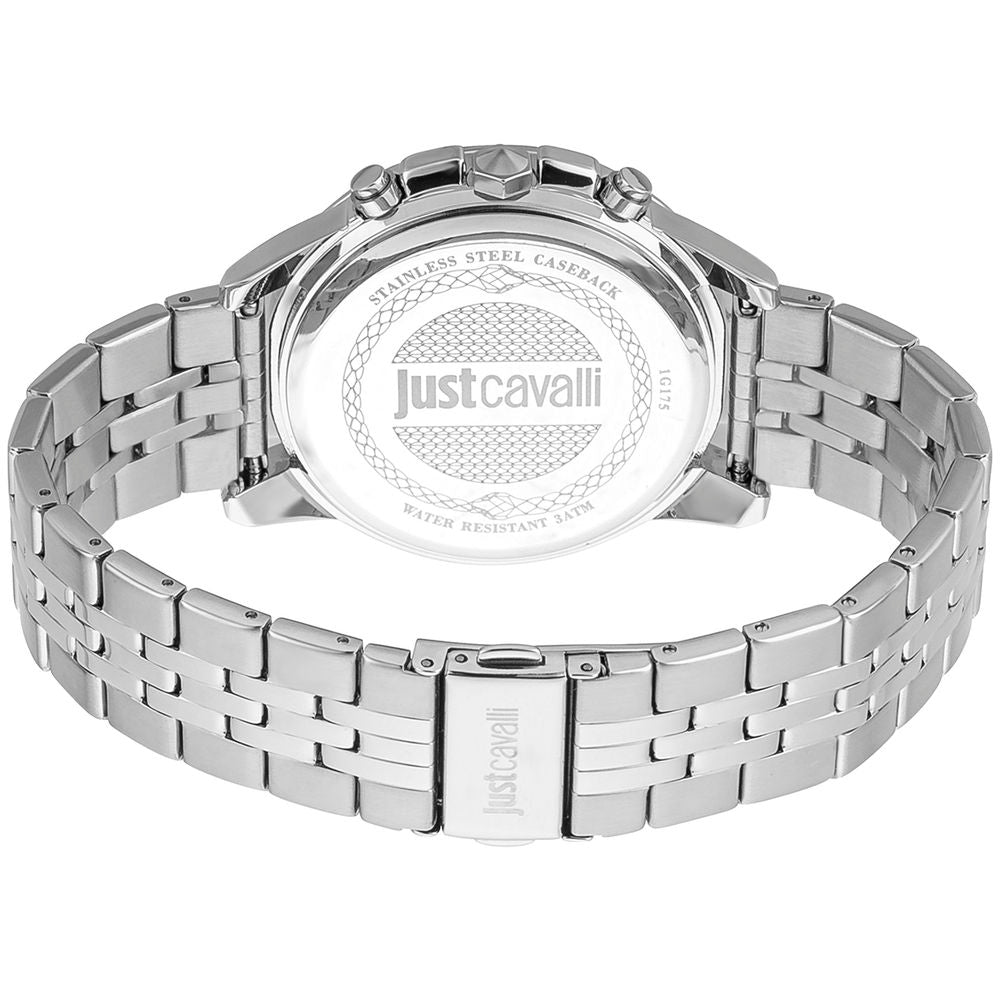 Silver watch with black face and white logo on dial