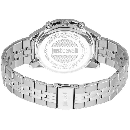Silver watch with black face and white logo on dial