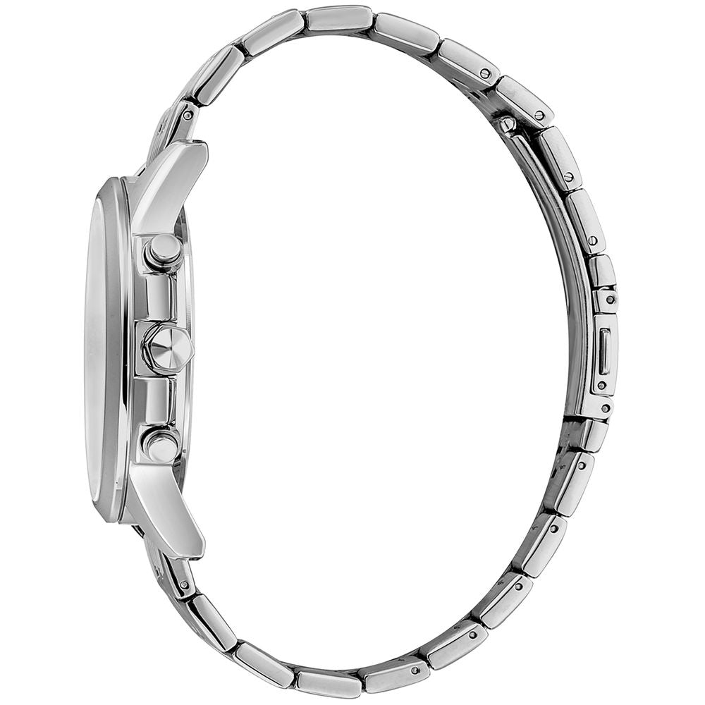 Silver watch with black face and silver band