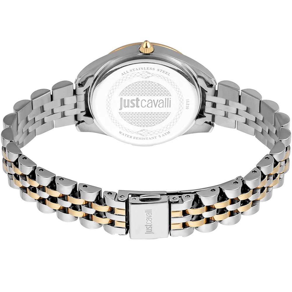A multicolored stainless steel watch with a bracelet, featuring a round face and a logo on the dial