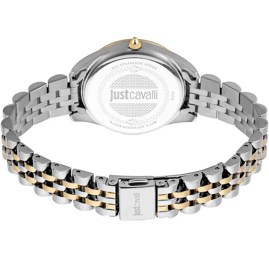 A multicolored stainless steel watch with a bracelet, featuring a round face and a logo on the dial