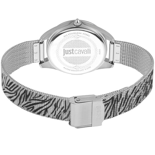 A multicolored stainless steel watch with a black band, featuring the Just Cavalli logo on its face