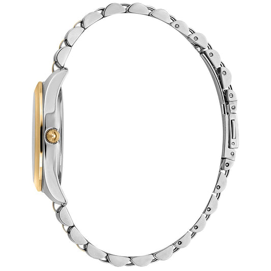A silver bracelet with a gold clasp, featuring a multicolored design and a watch face