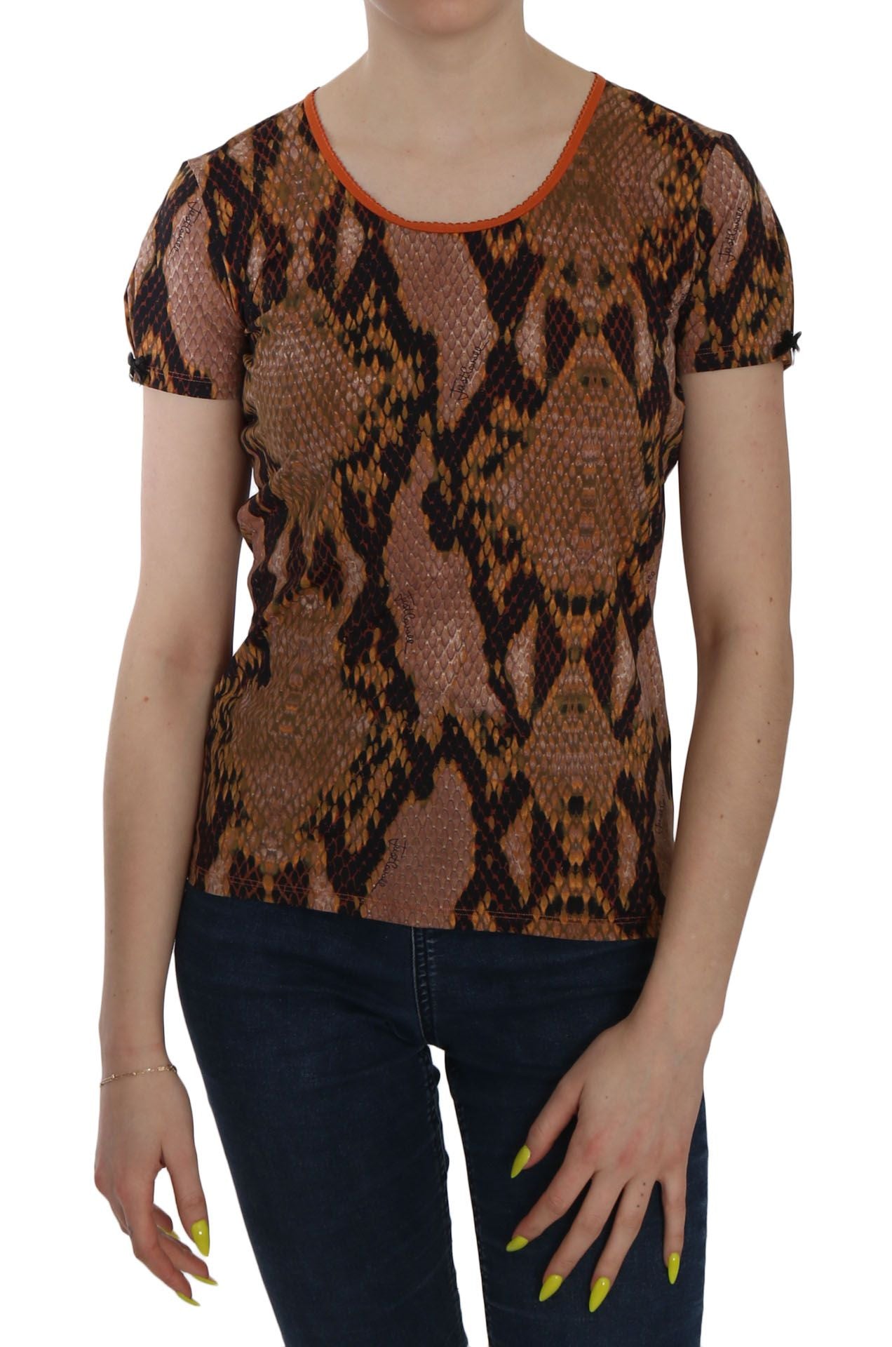 Woman wearing a short sleeve top with animal print pattern