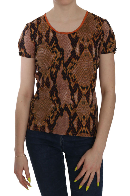 Woman wearing a short sleeve top with animal print pattern