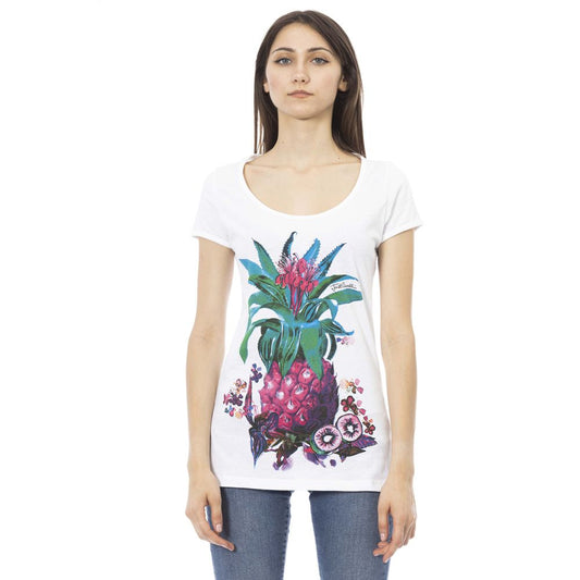 White v neck t shirt with colorful floral print