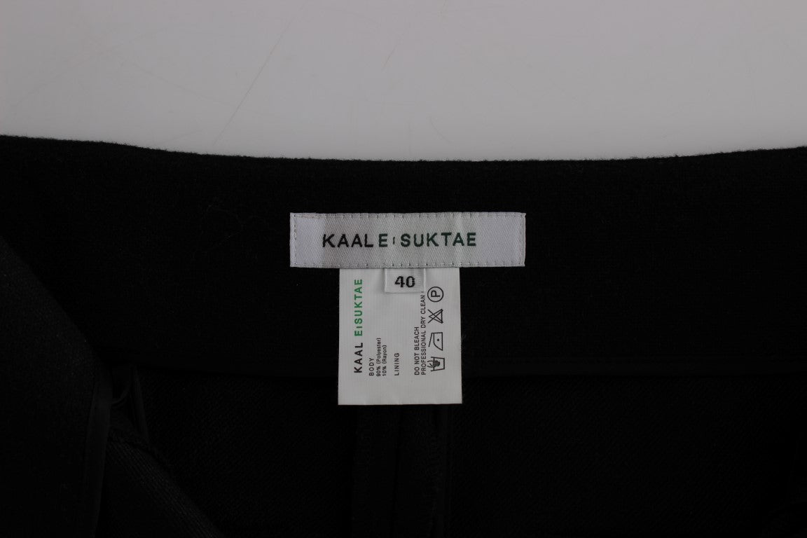 Black pants with white labels on waistband