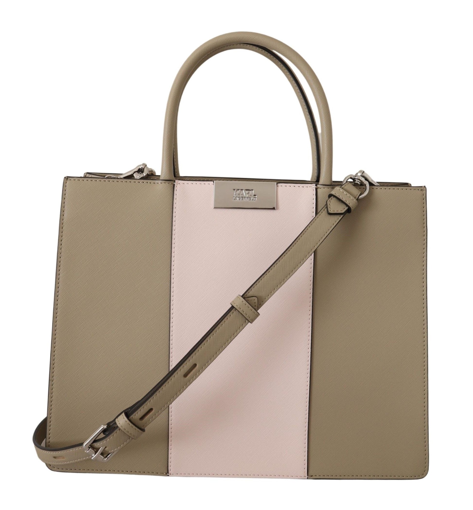 Tan and pink leather handbag with strap